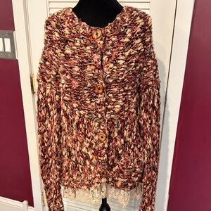 Anthropologie Size L Large Knit Sweater Wood Buttons Beige Brown Rust Lace